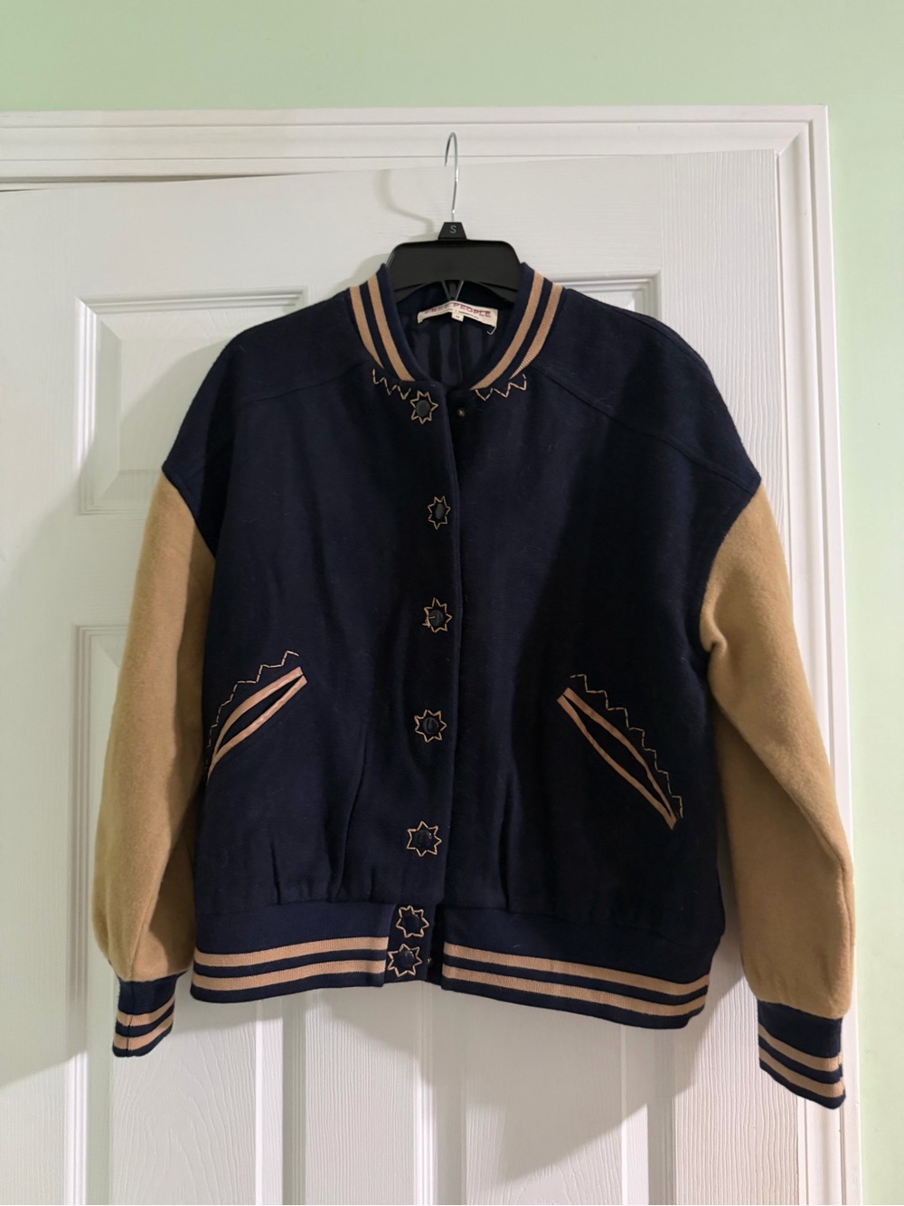 Free People Navy and Tan Wool Varsity Jacket